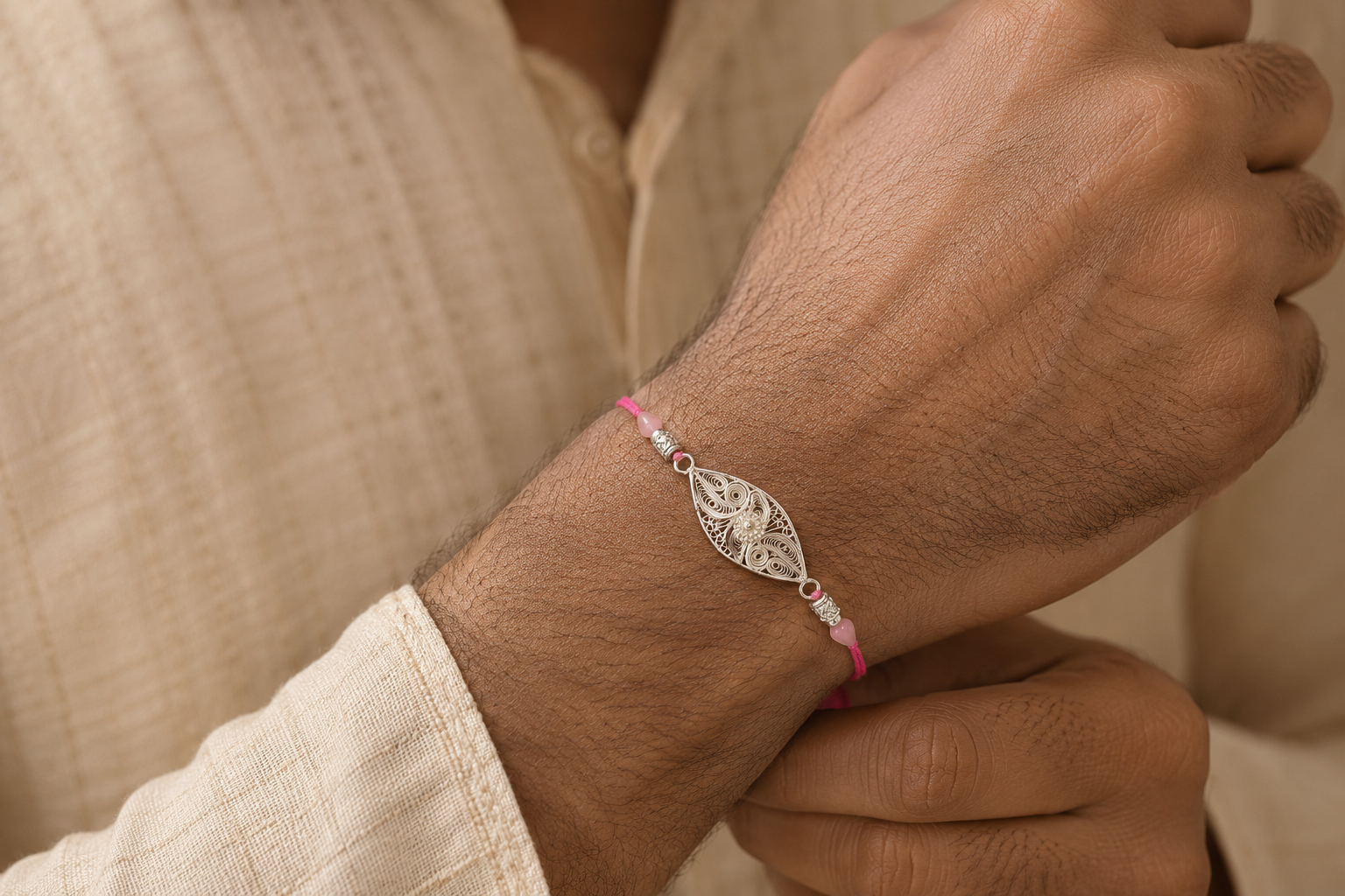 Silver Filigree Leaf Grace Rakhi - front view