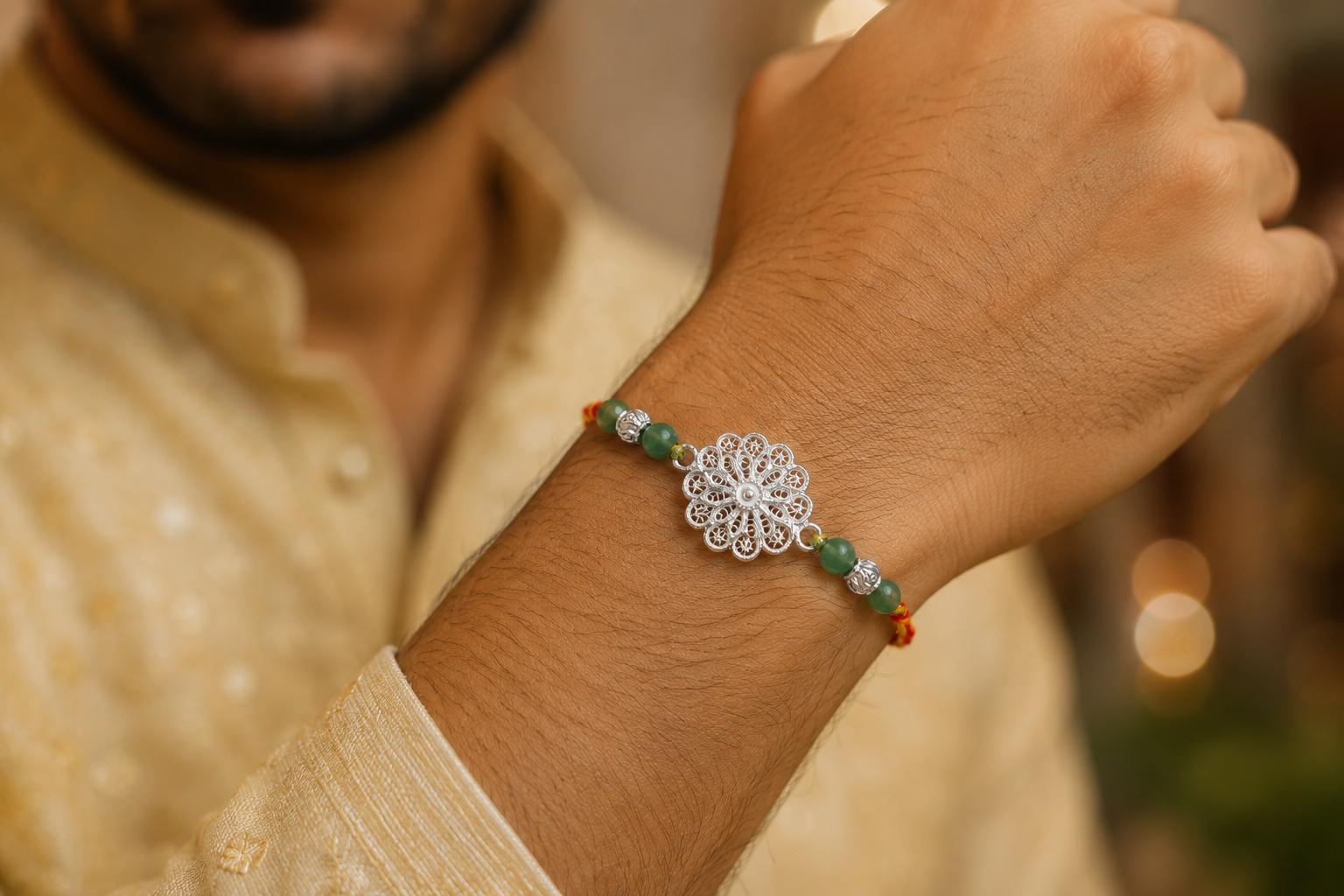 Silver Filigree Floral Mandala Rakhi - front view