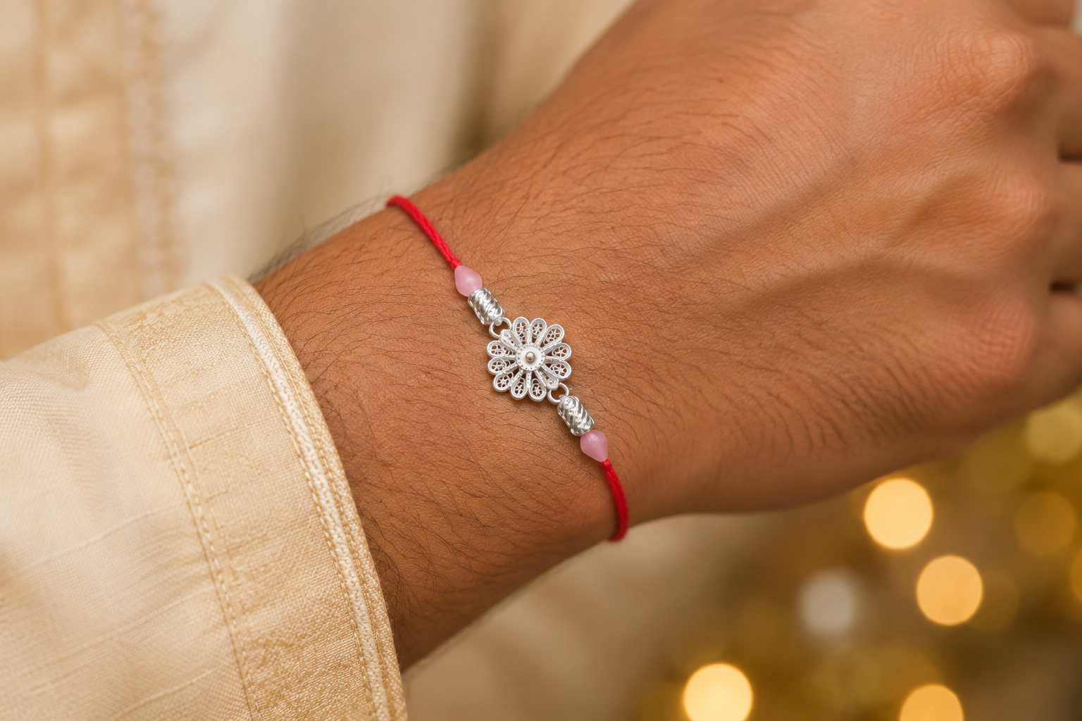 Silver Filigree Blossom Rakhi - front view