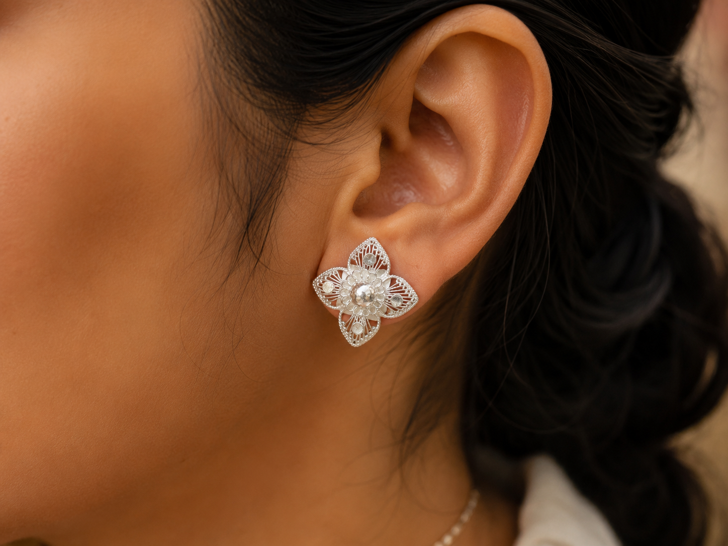 925 Sterling Silver Handcrafted Filigree Floral Stud Earrings - front view