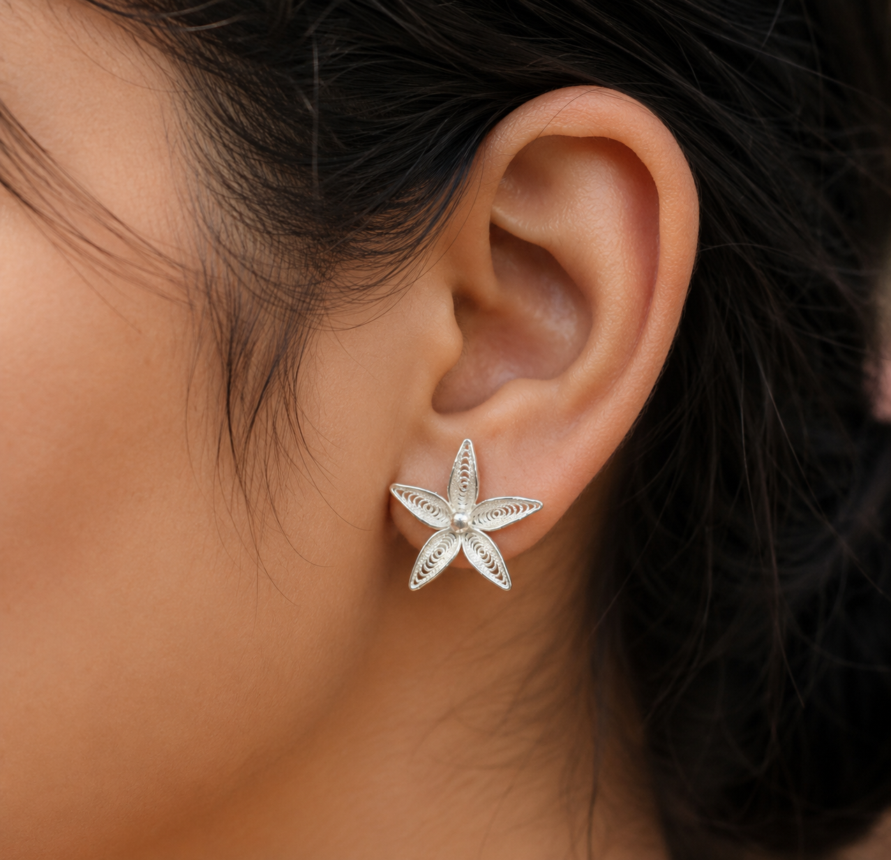 925 Sterling Silver Handcrafted Filigree Star Lily Stud Tops - front view