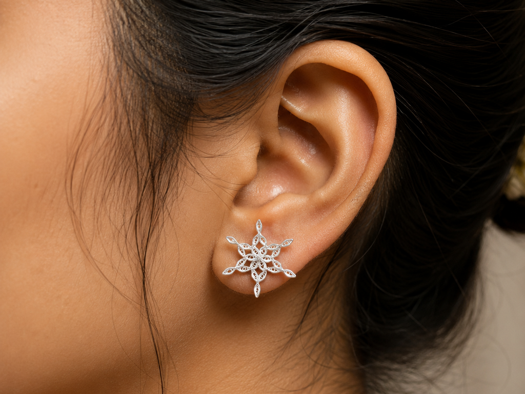 925 Sterling Silver Handcrafted Filigree Snowflake Stud Tops - front view