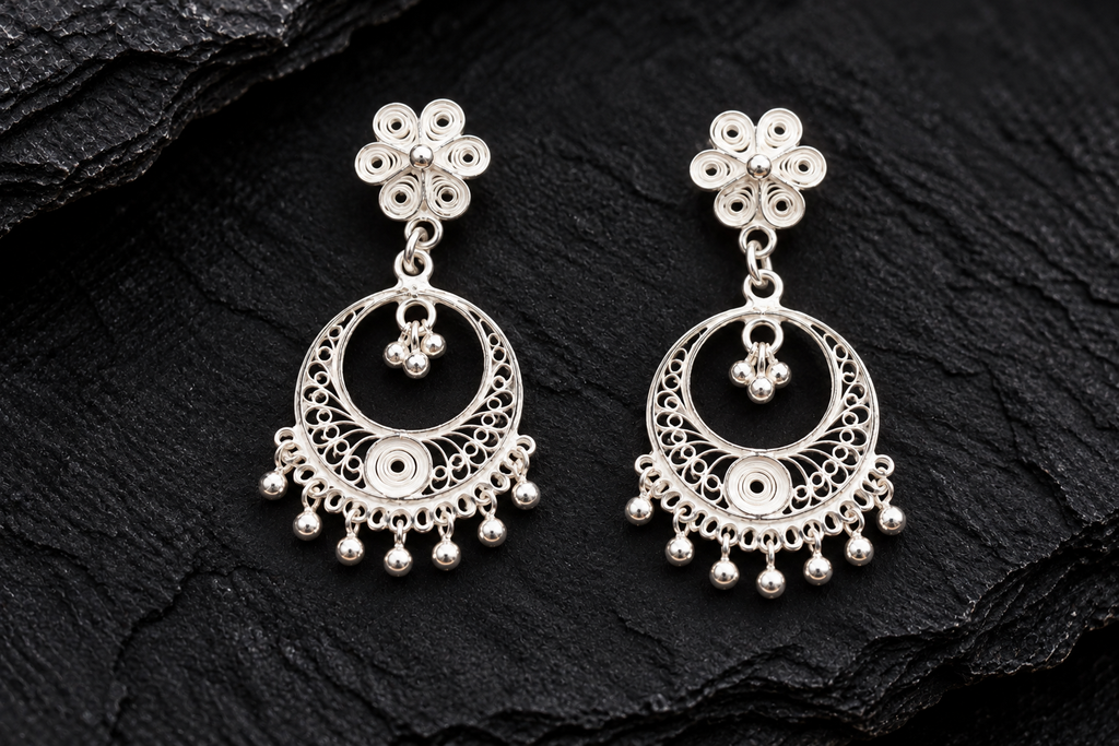 925 Sterling Silver Crescent Filigree Drop Earrings