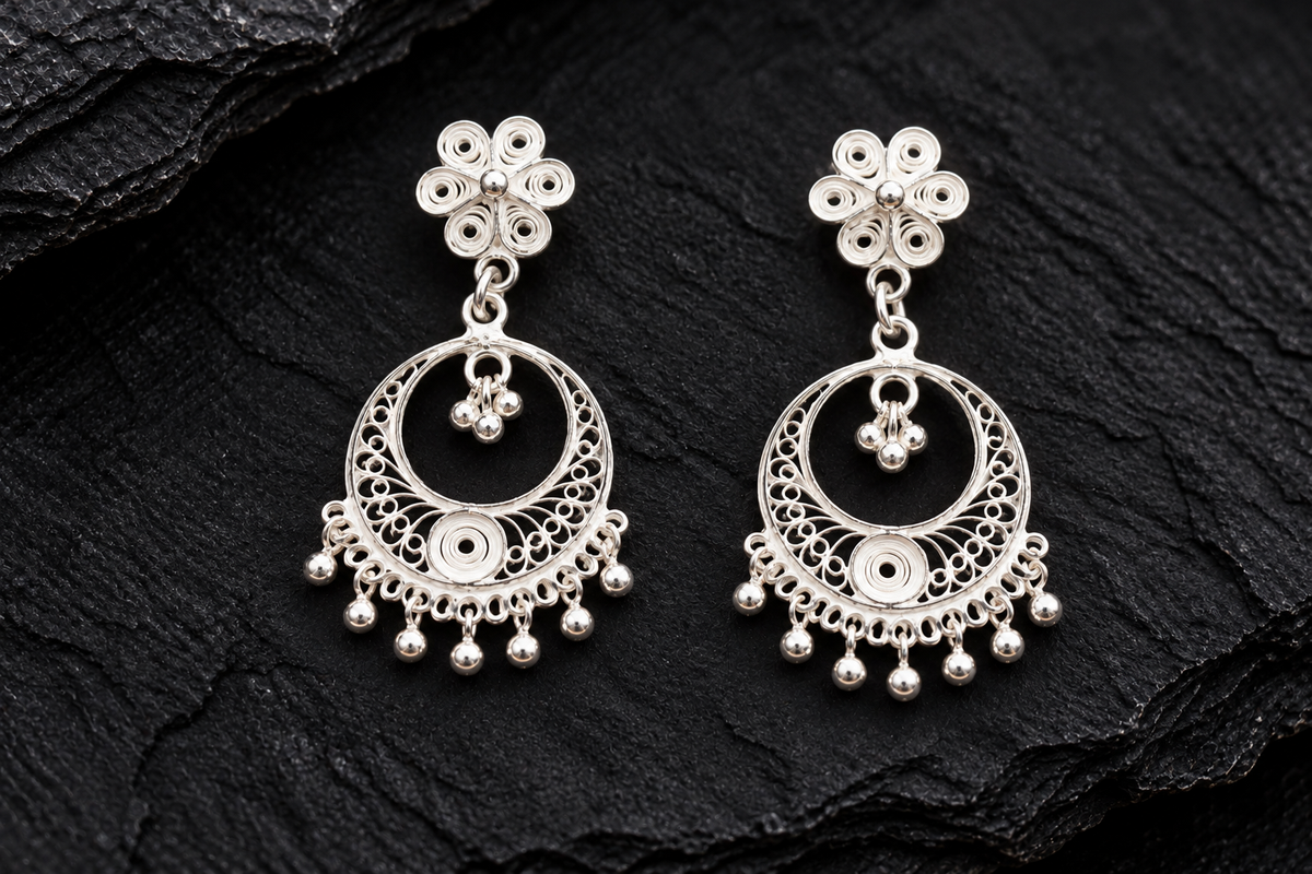 925 Sterling Silver Crescent Filigree Drop Earrings