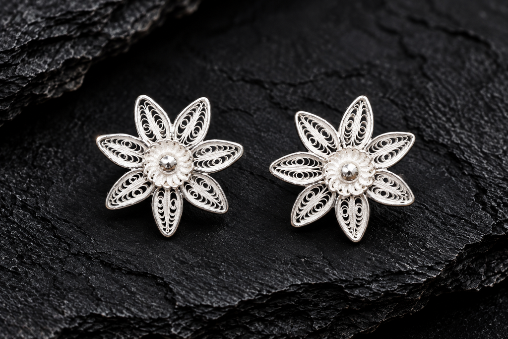 925 Sterling Silver Six-Petal Filigree Flower Stud Tops
