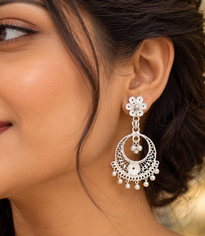 925 Sterling Silver Crescent Filigree Drop Earrings
