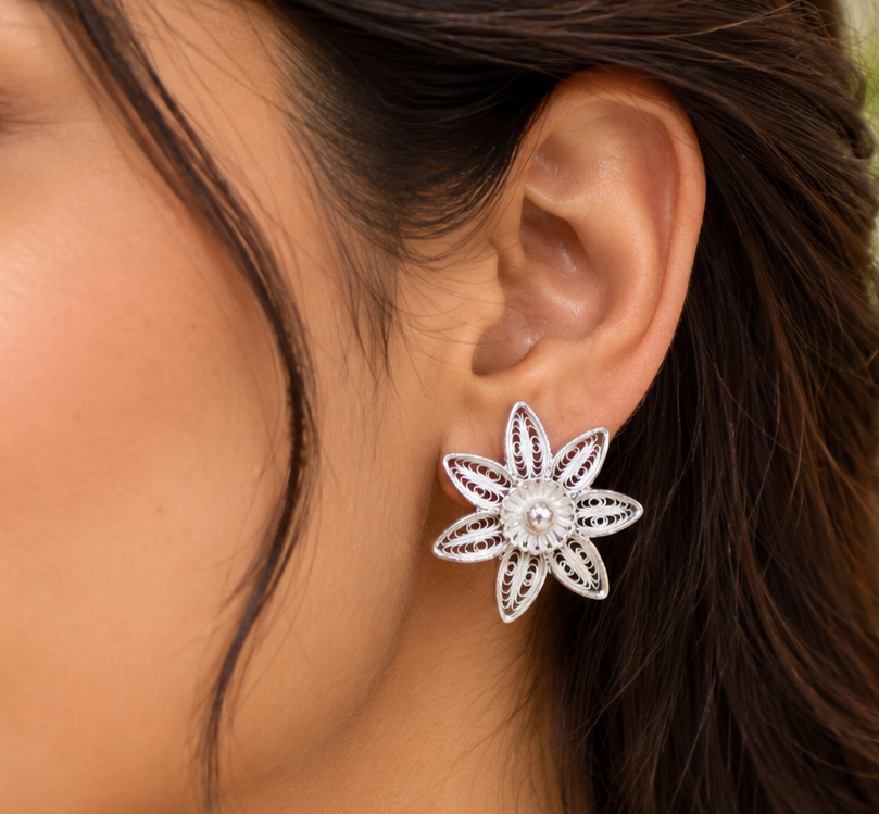 925 Sterling Silver Six-Petal Filigree Flower Stud Tops