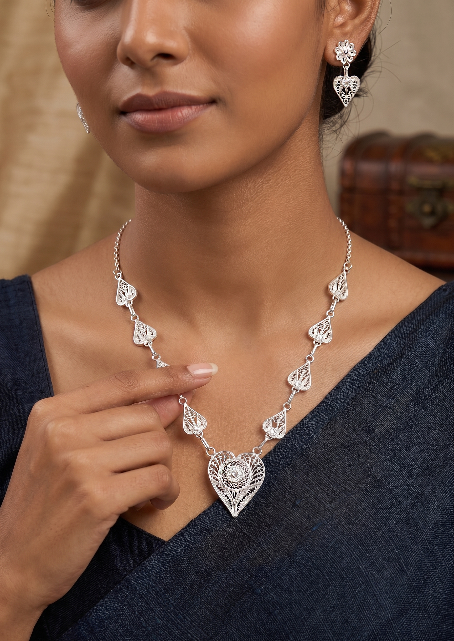 Handcrafted Silver Filigree Heart Necklace & Earring Set - front view