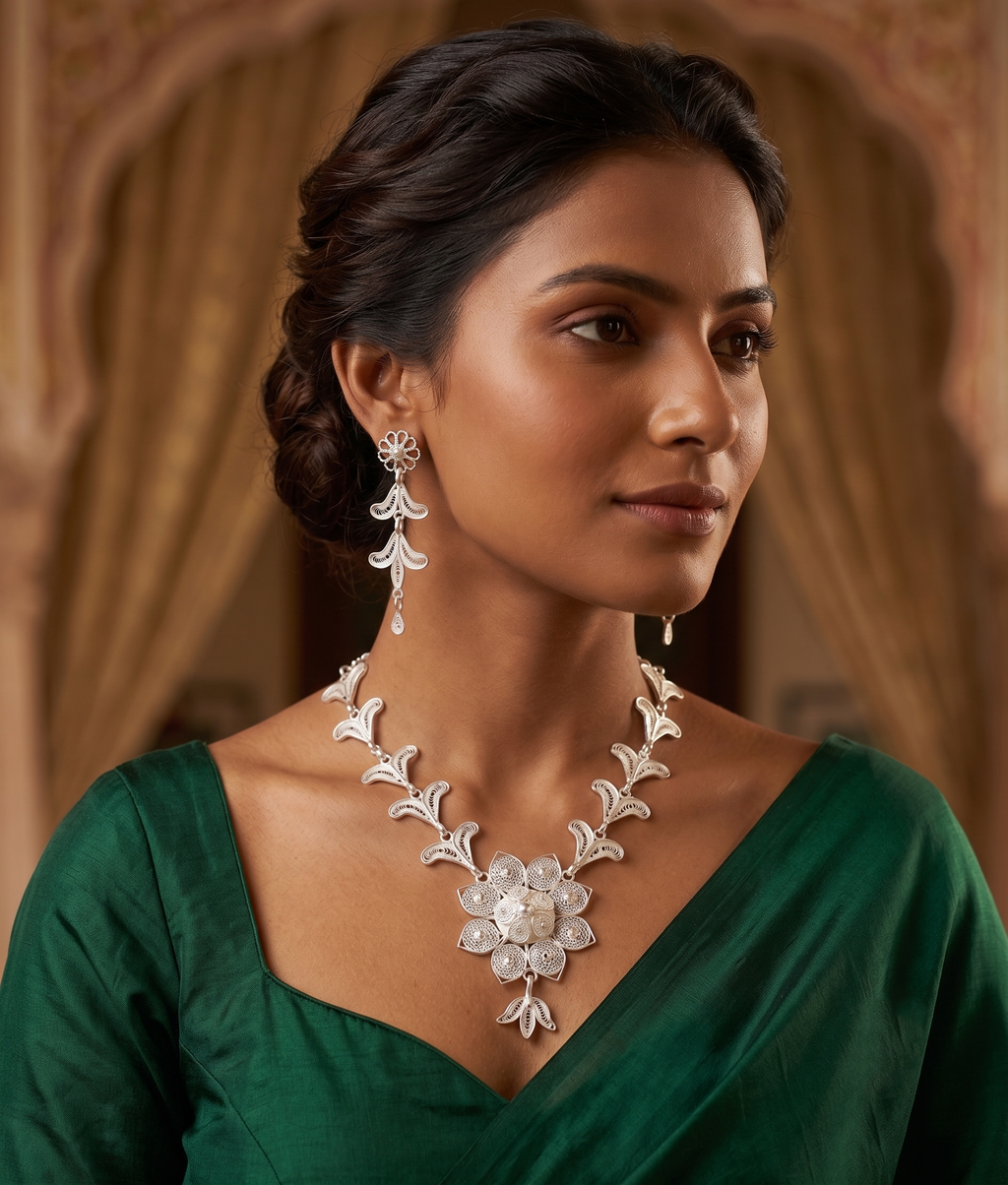 Lotus Vine Silver Filigree Necklace Set - front view
