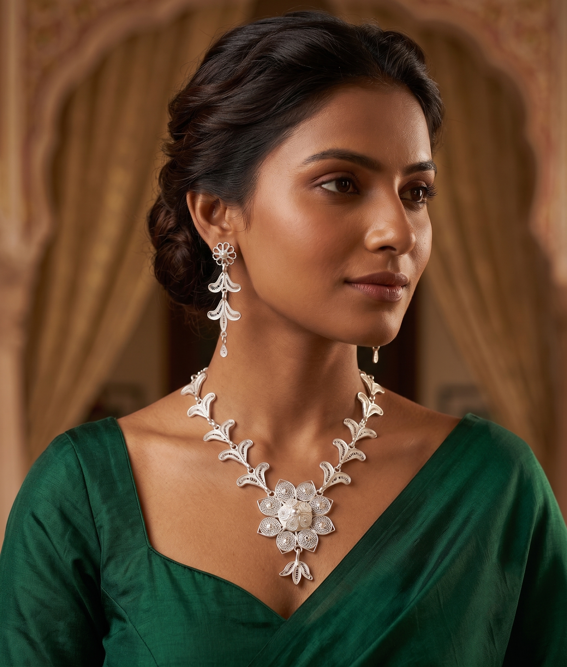 Lotus Vine Silver Filigree Necklace Set - front view