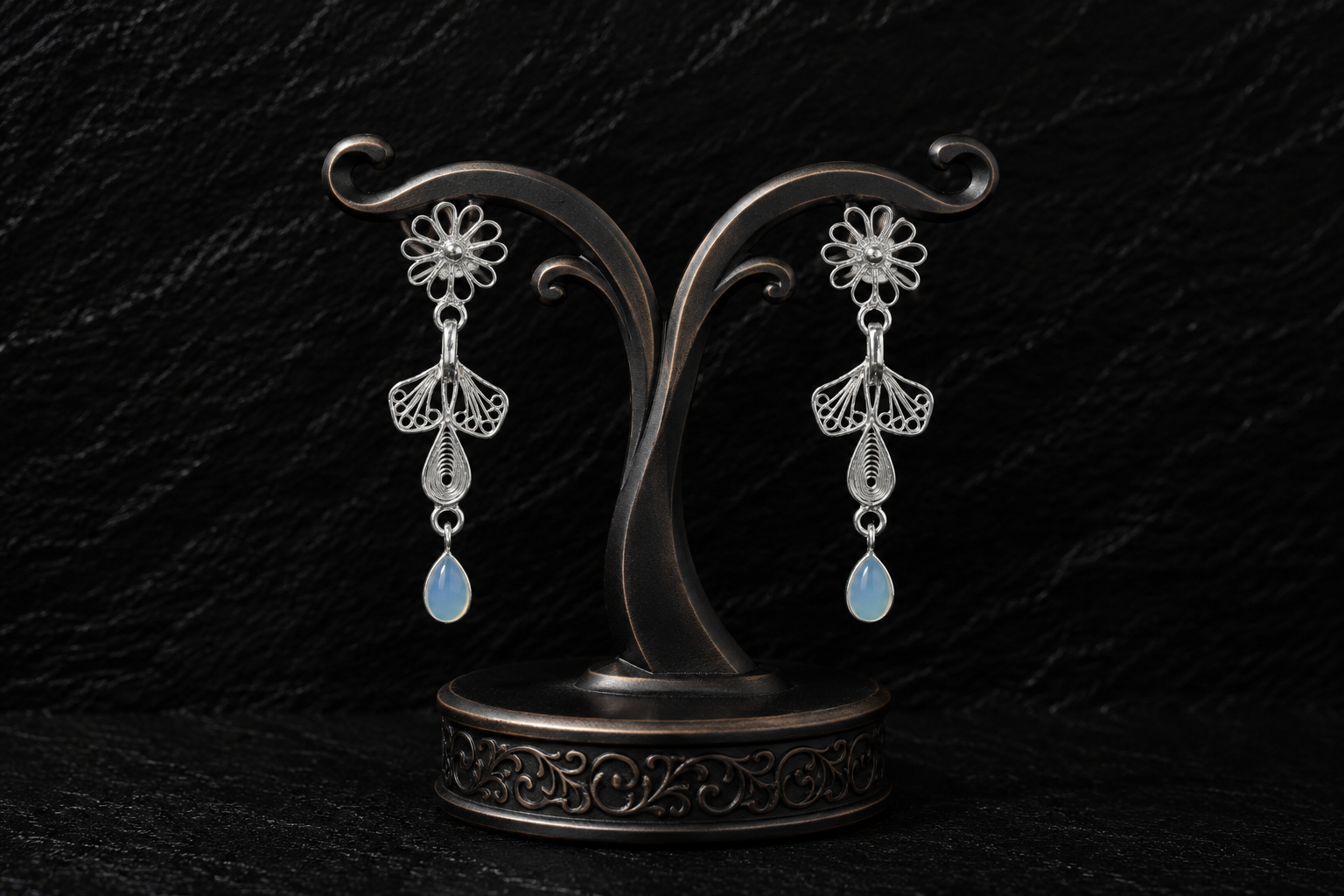 925 Sterling Silver Filigree Floral Drop Earrings with Sky Blue Teardrop Beads