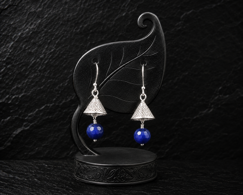 925 Sterling Silver Filigree Cone Drop Earrings with Royal Blue Beads