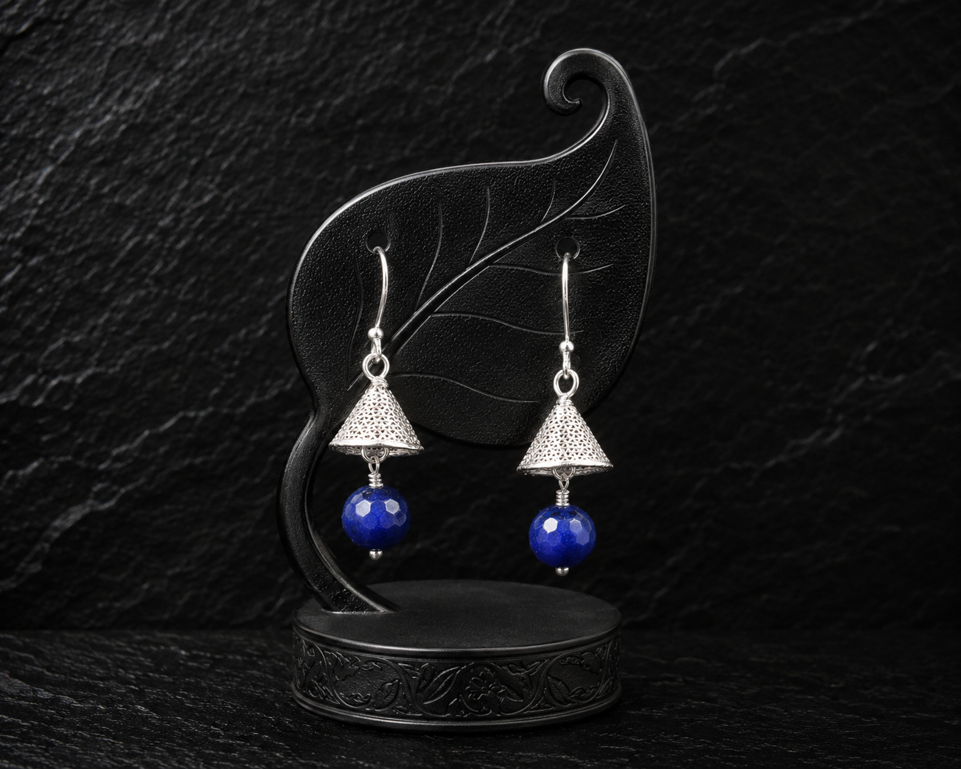 925 Sterling Silver Filigree Cone Drop Earrings with Royal Blue Beads