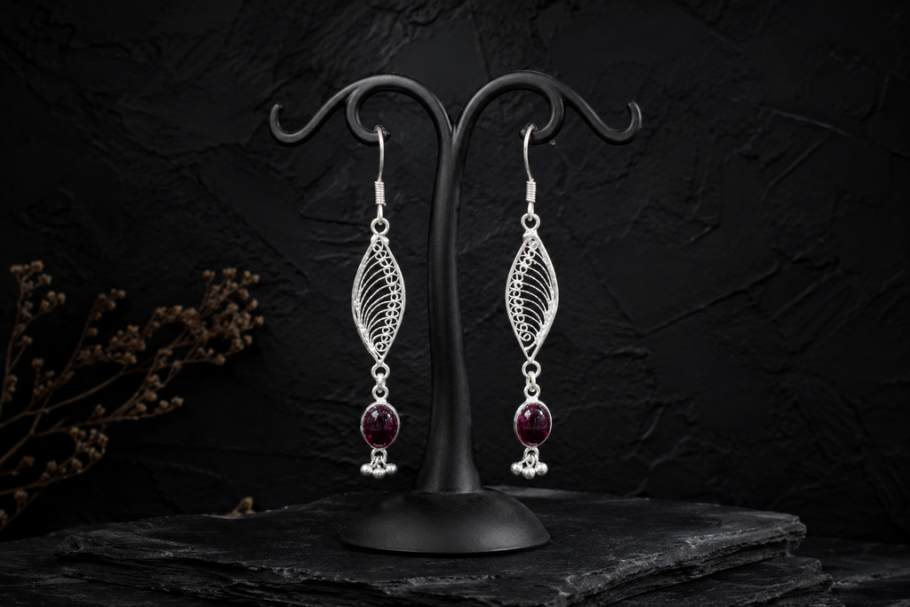 Ruby Dewdrop Silver Filigree Earrings
