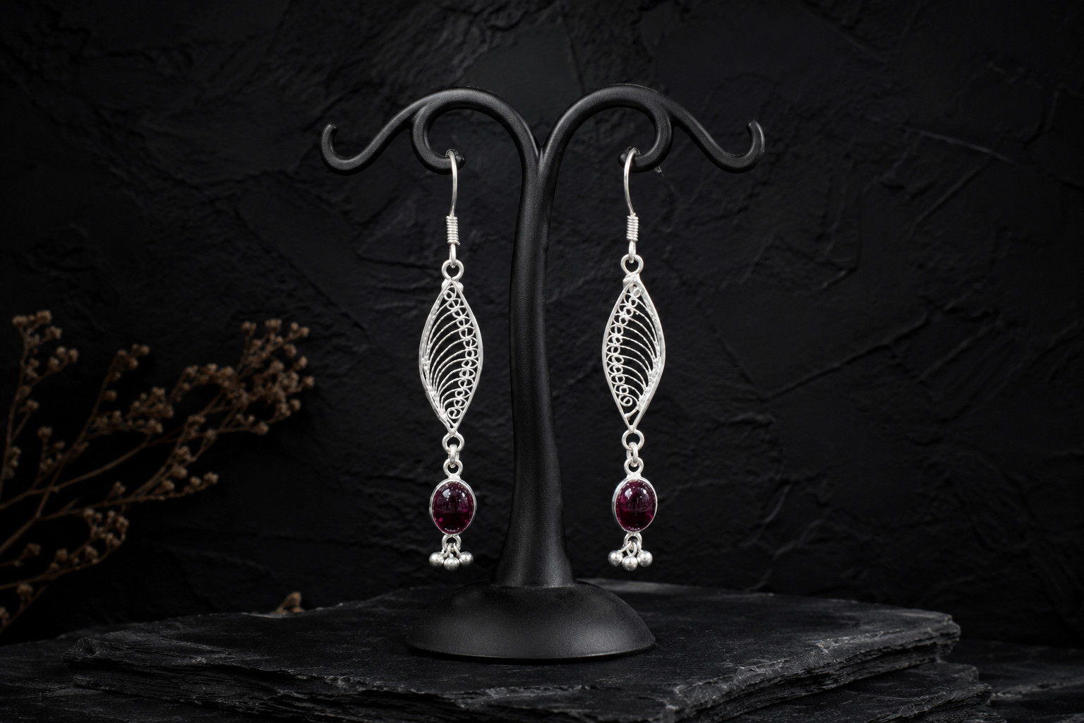 Ruby Dewdrop Silver Filigree Earrings