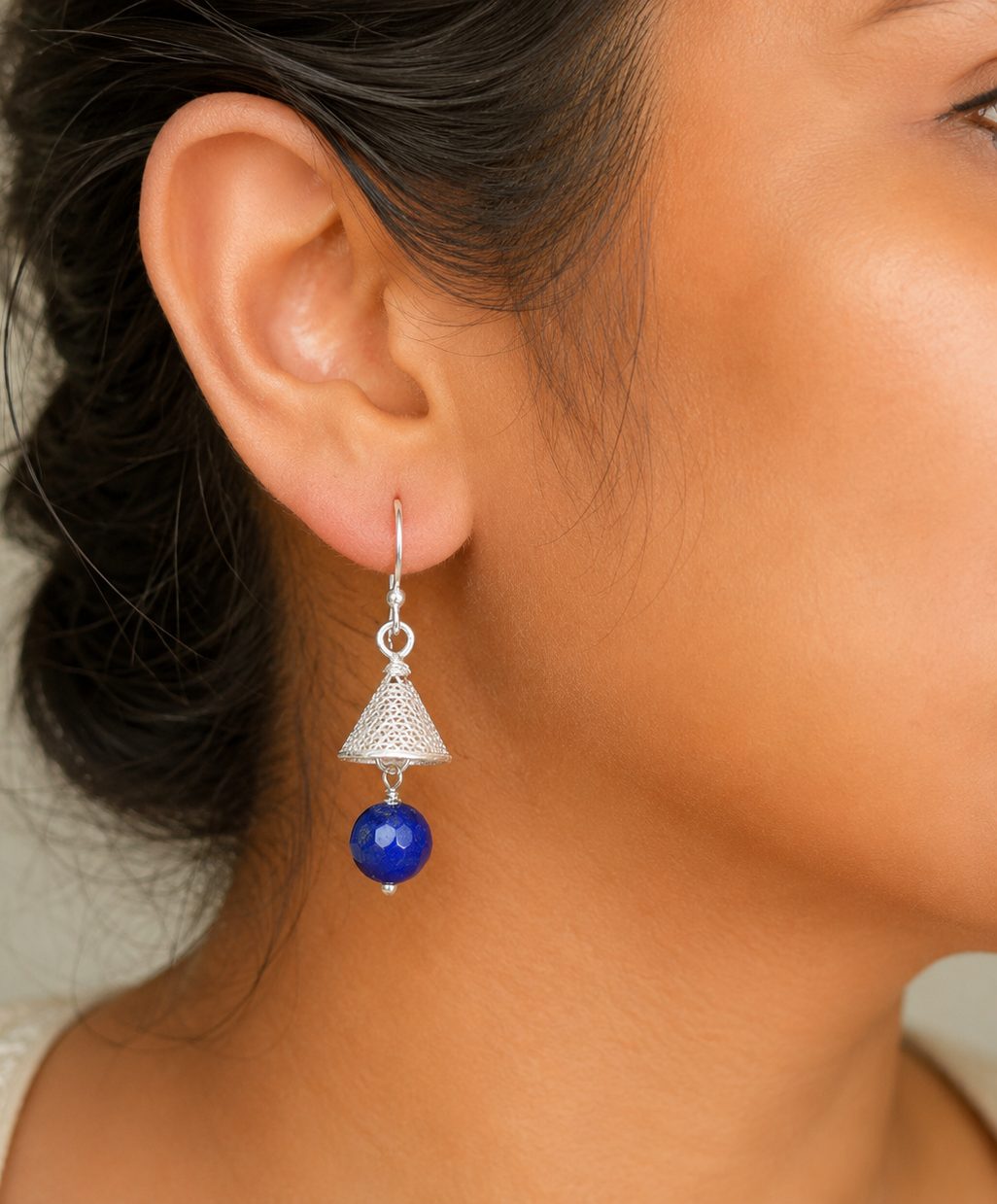 925 Sterling Silver Filigree Cone Drop Earrings with Royal Blue Beads