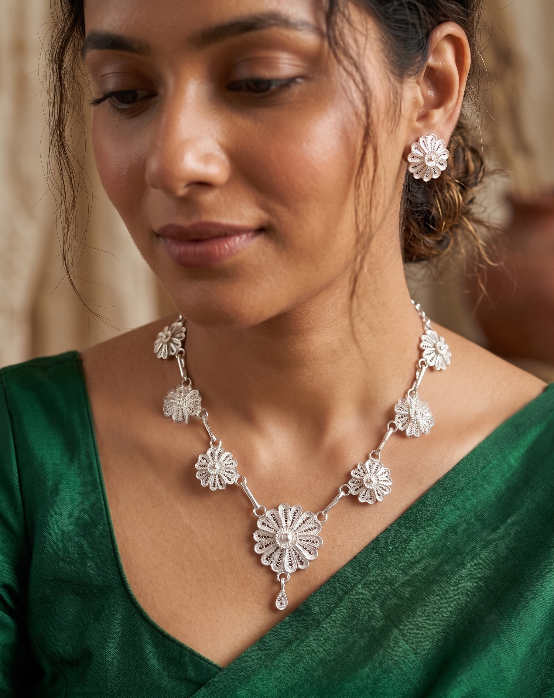 Handcrafted Silver Filigree Floral Necklace & Earring Set - front view