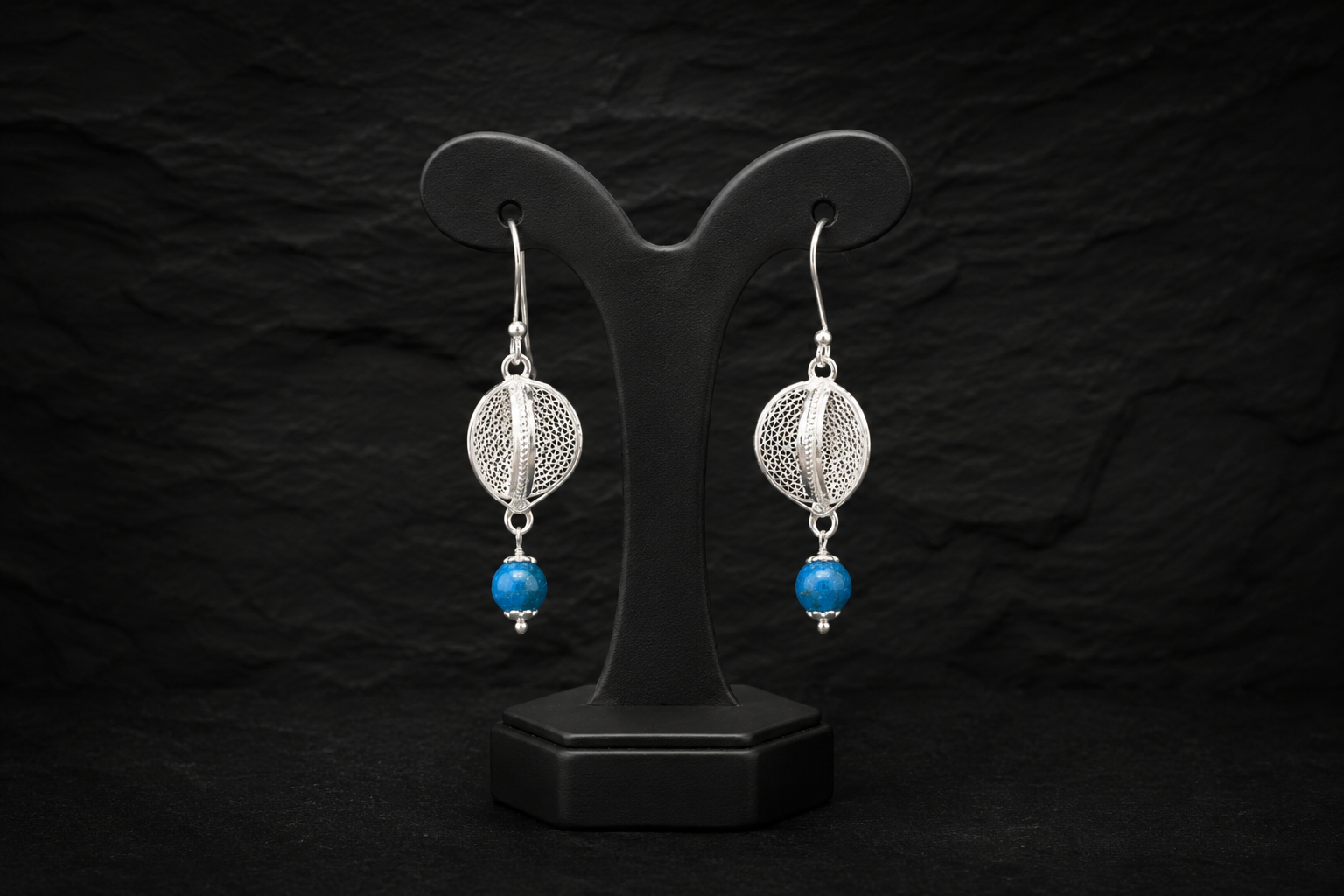 925 Sterling Silver Filigree Orb Drop Earrings with Sky Blue Beads