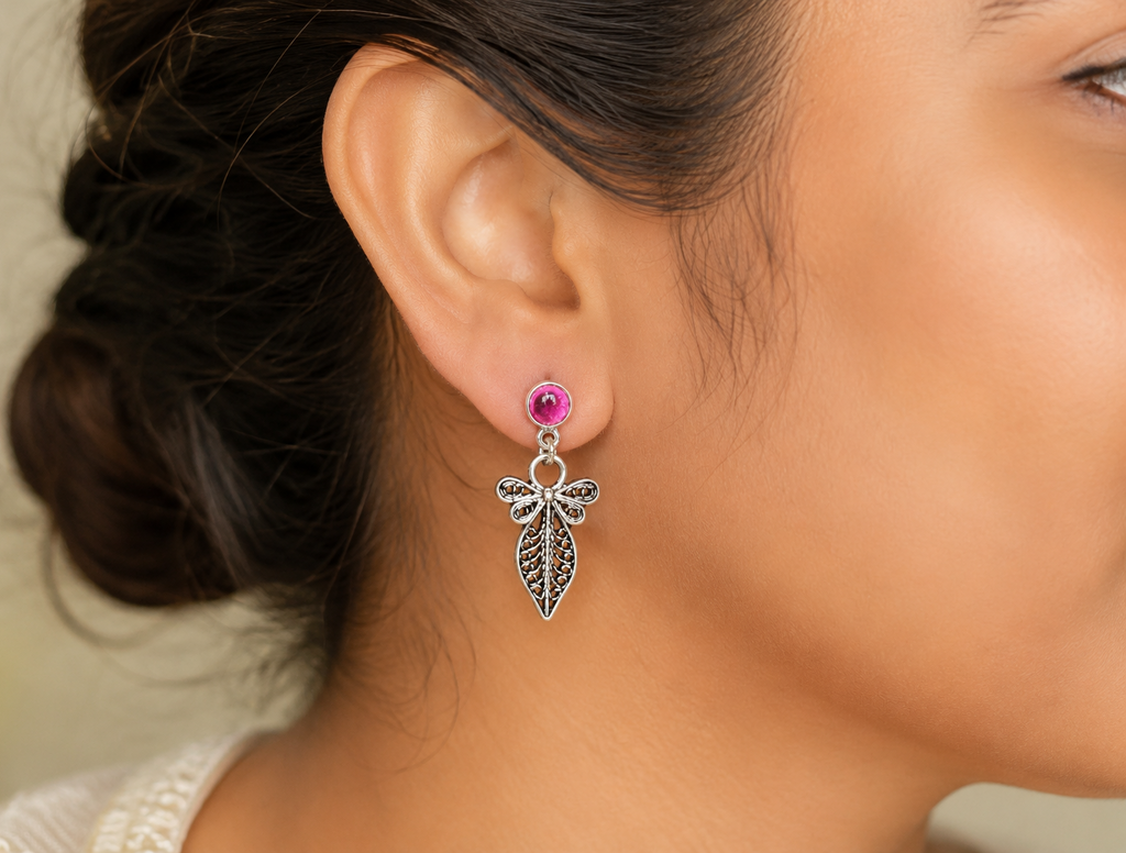 925 Sterling Silver Filigree Leaf Drop Earrings with Ruby Pink Stone