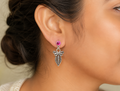 925 Sterling Silver Filigree Leaf Drop Earrings with Ruby Pink Stone