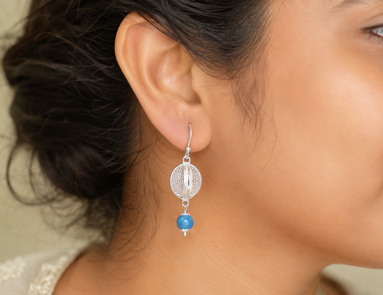 925 Sterling Silver Filigree Orb Drop Earrings with Sky Blue Beads