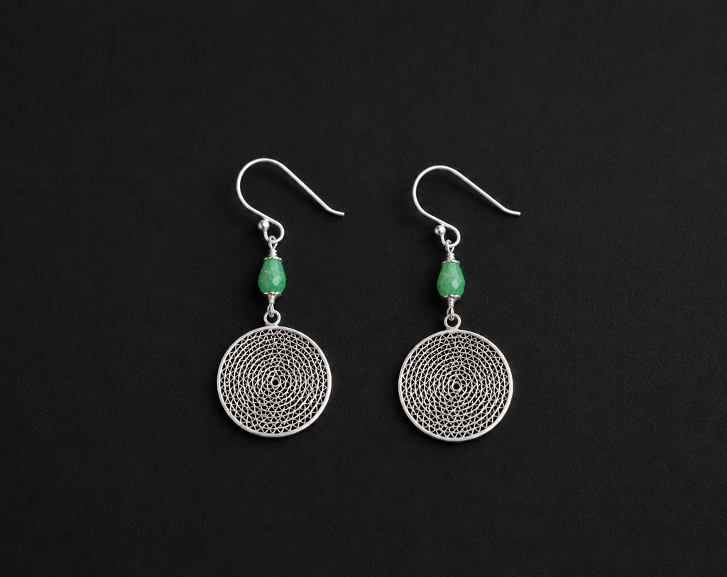 Emerald Bloom Silver Filigree Drop Earrings