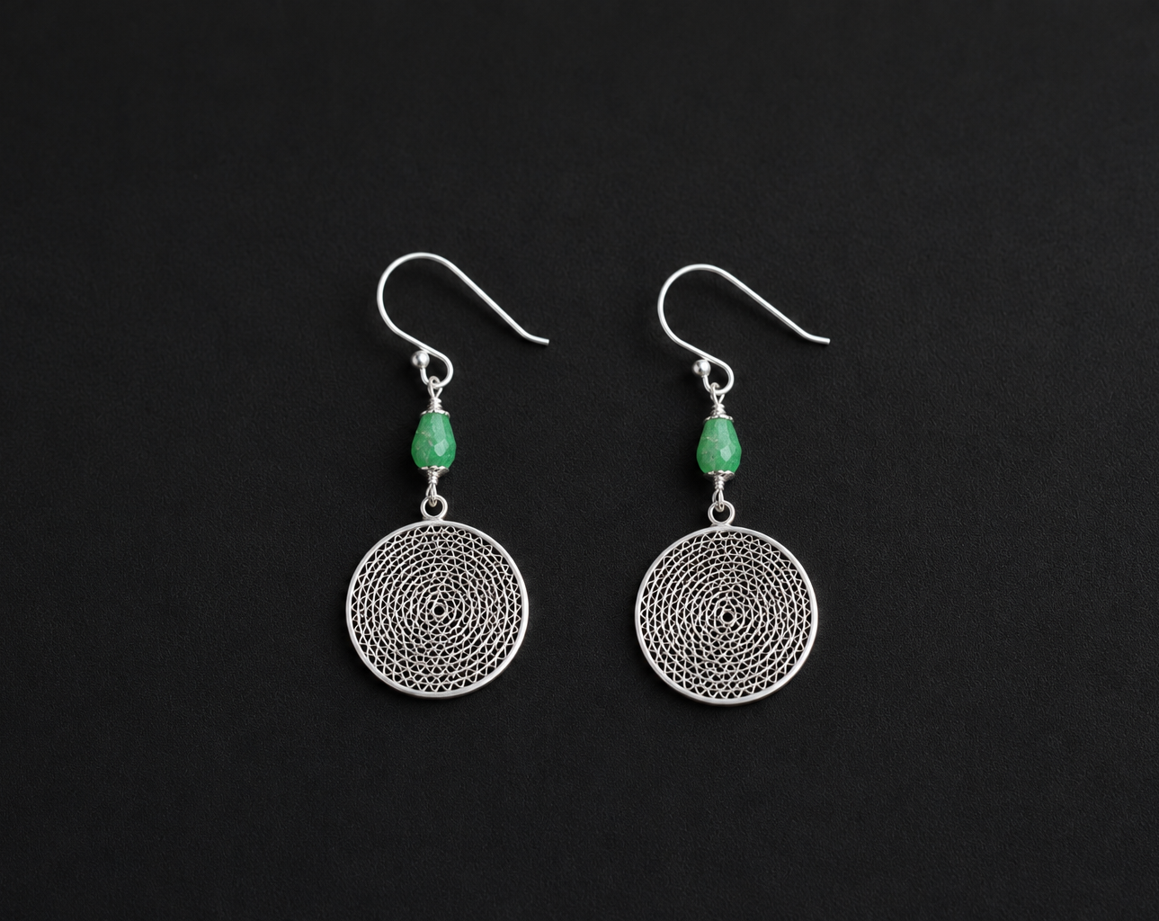 Emerald Bloom Silver Filigree Drop Earrings