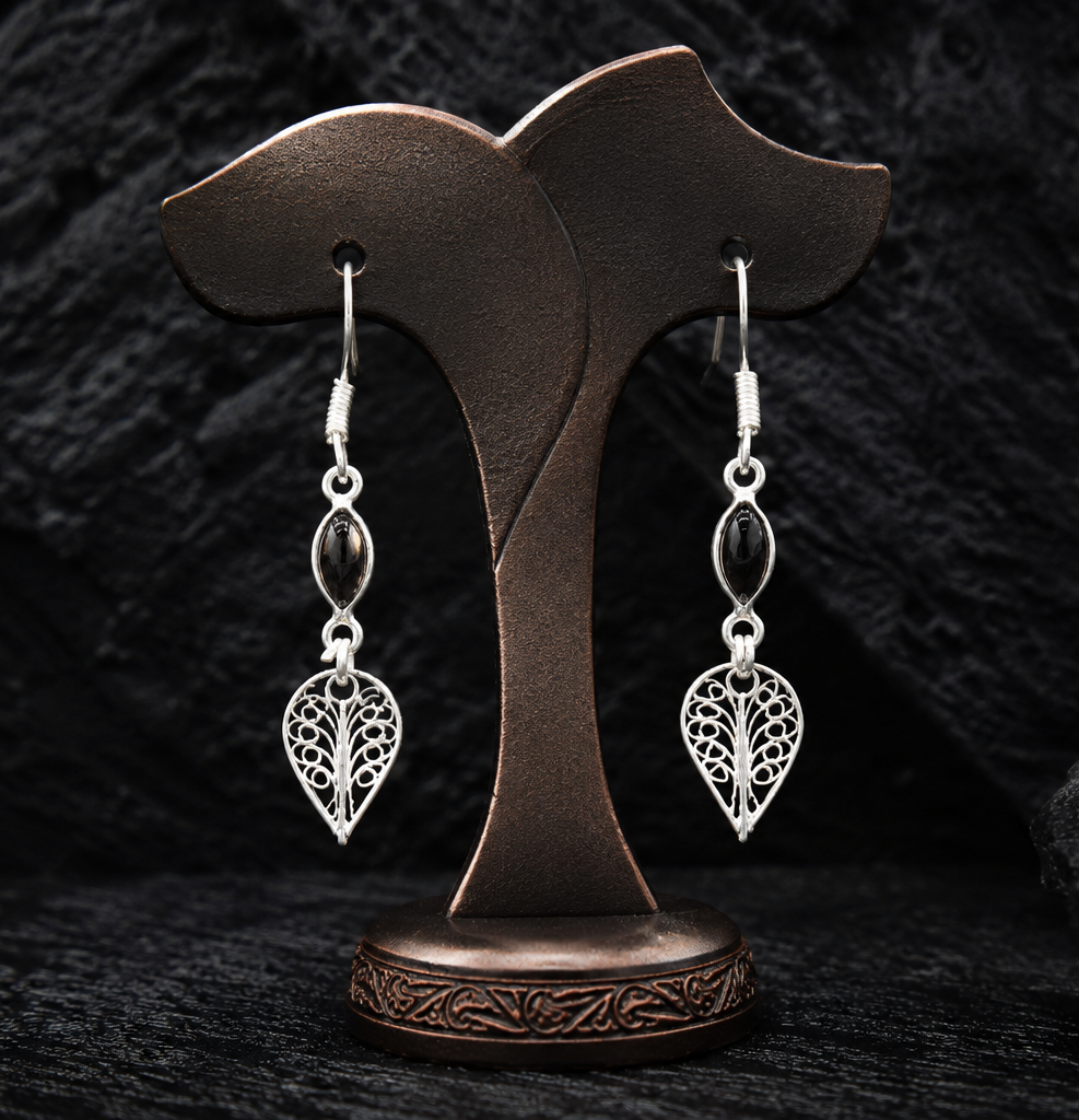 925 Sterling Silver Filigree Leaf Drop Earrings with Smoky Quartz