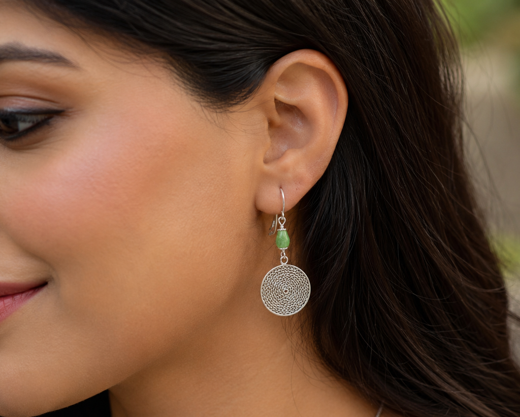 Emerald Bloom Silver Filigree Drop Earrings