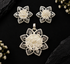 Silver Filigree Gulab Flower Pendant & Earrings Set