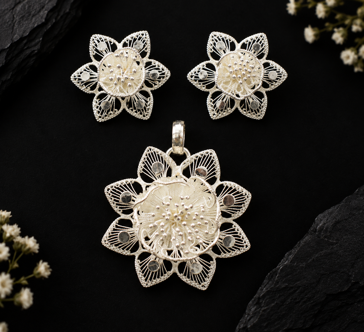 Silver Filigree Gulab Flower Pendant & Earrings Set
