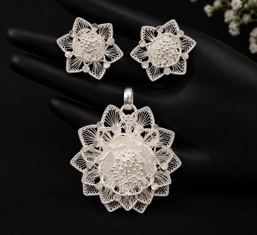 Silver Filigree Gulab Blossom Pendant & Earrings Set