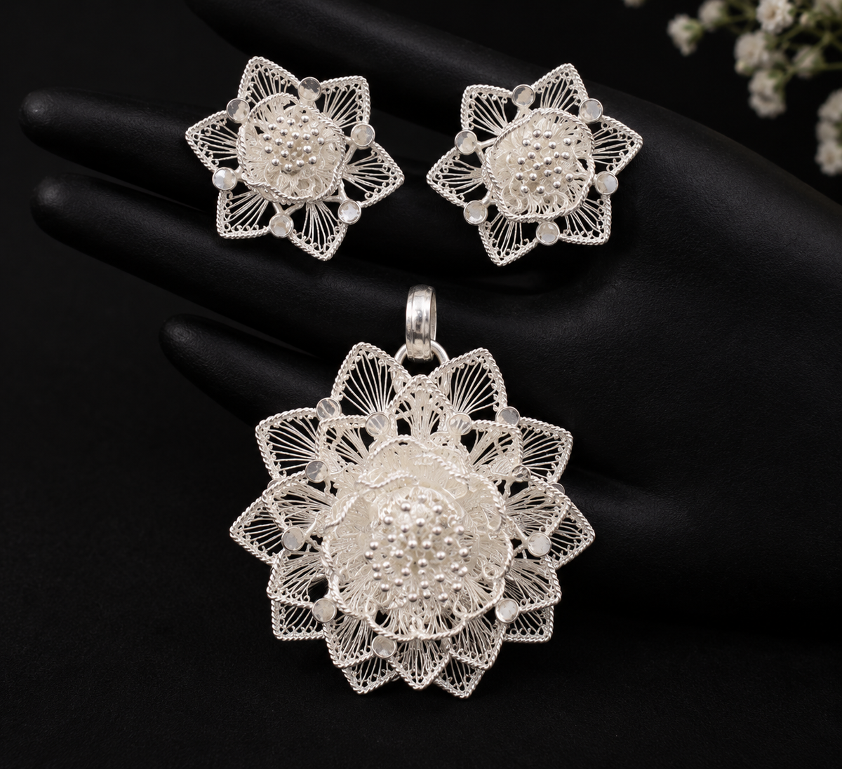 Silver Filigree Gulab Blossom Pendant & Earrings Set