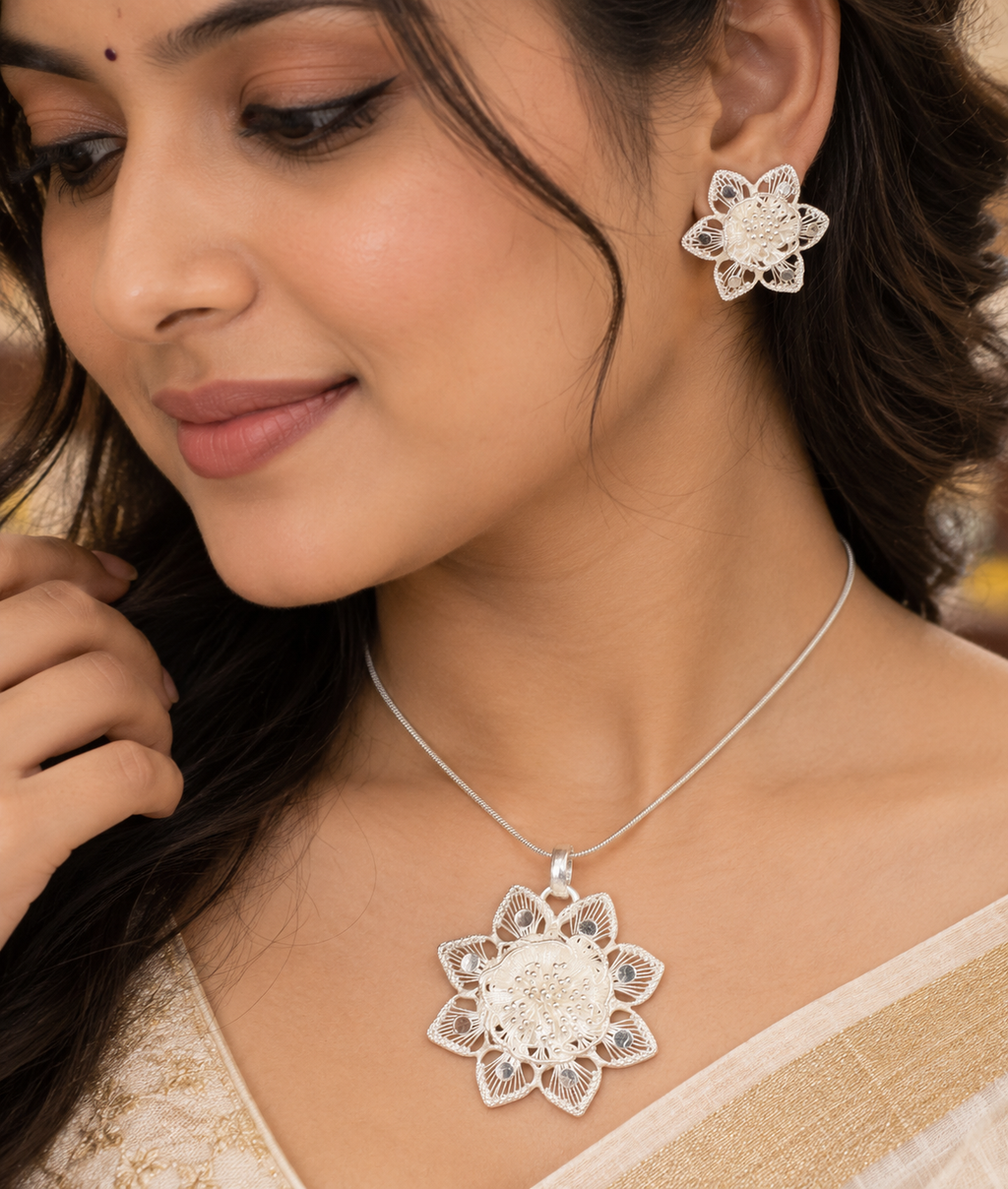 Silver Filigree Gulab Flower Pendant & Earrings Set
