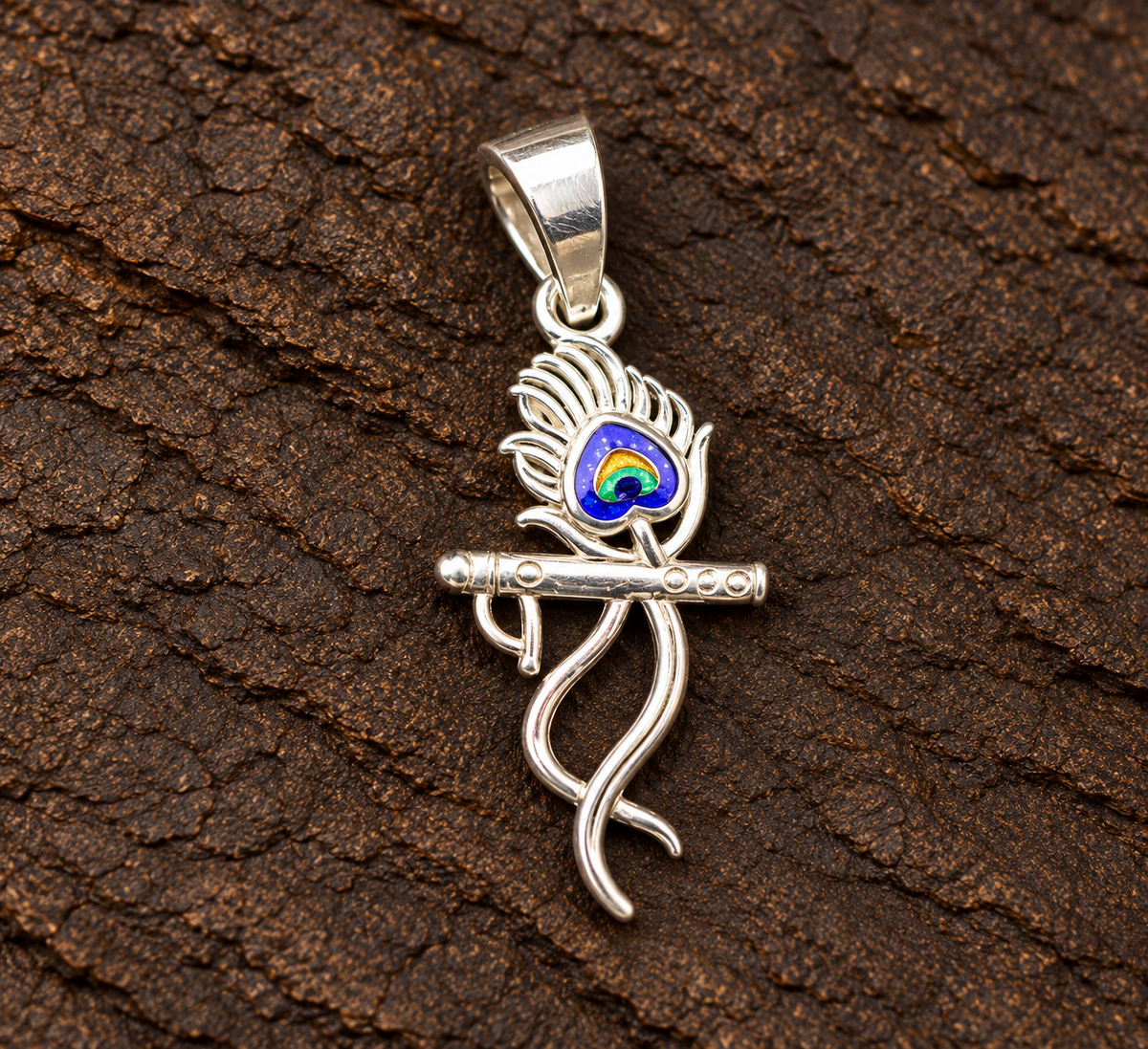Silver Peacock Feather Flute Pendant
