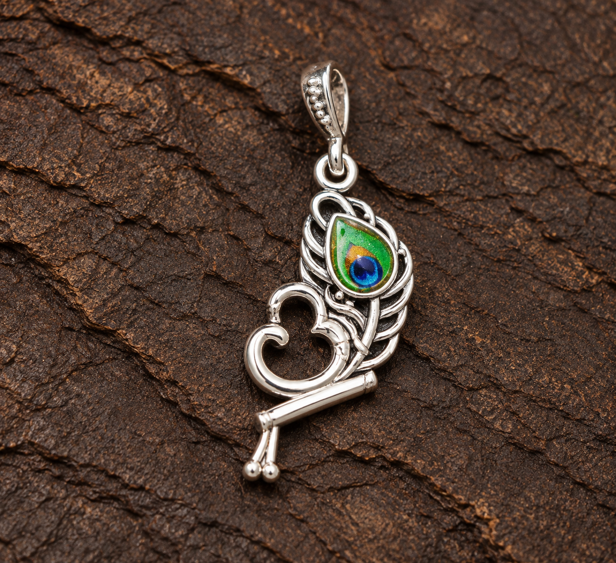 Silver Peacock Feather Scroll Locket