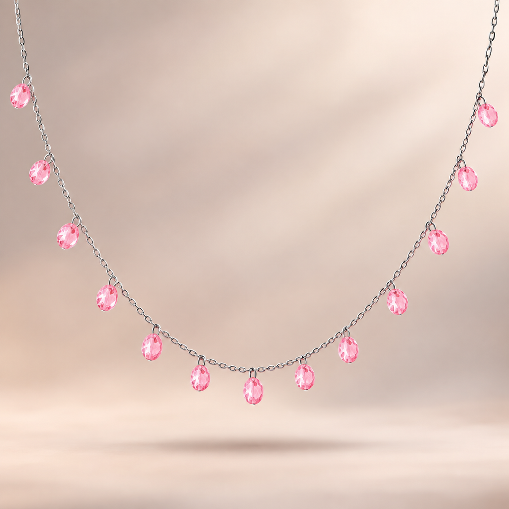 925 Sterling Silver Pink Crystal Beaded Necklace