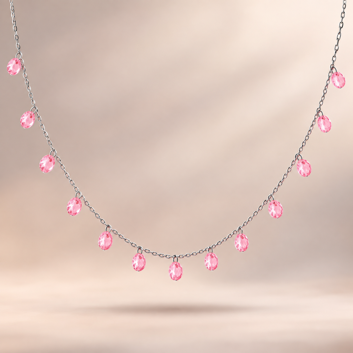 925 Sterling Silver Pink Crystal Beaded Necklace