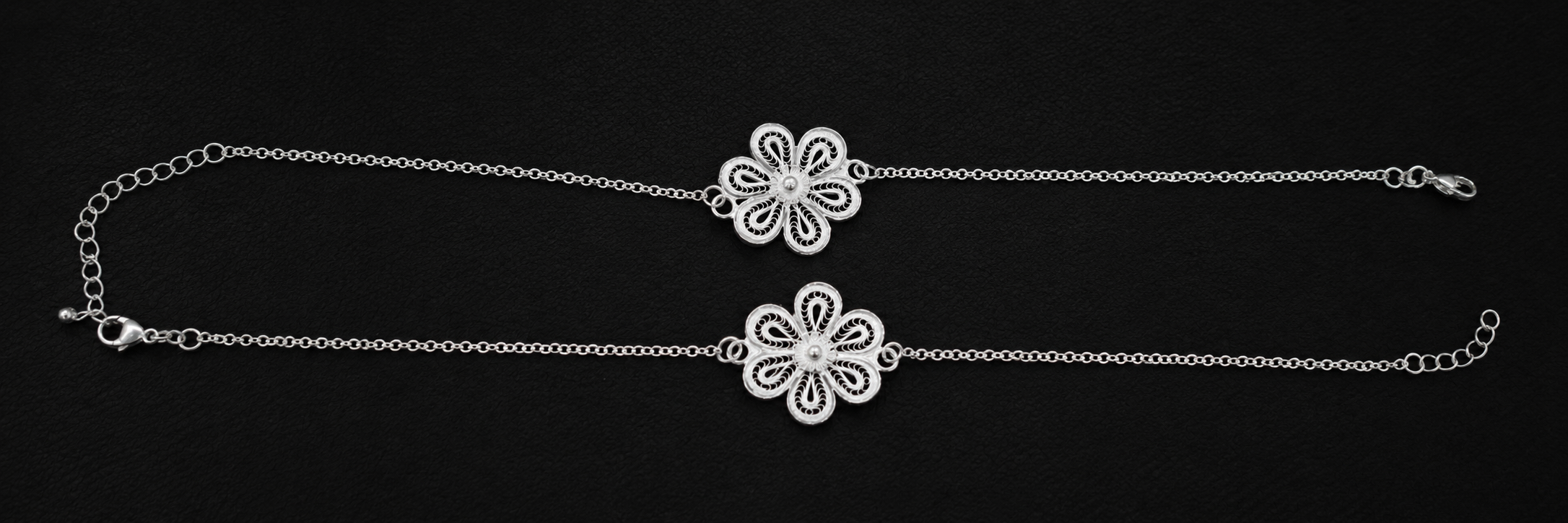 Elegant Filigree Blossom Silver Anklet - detail of the filigree wirework