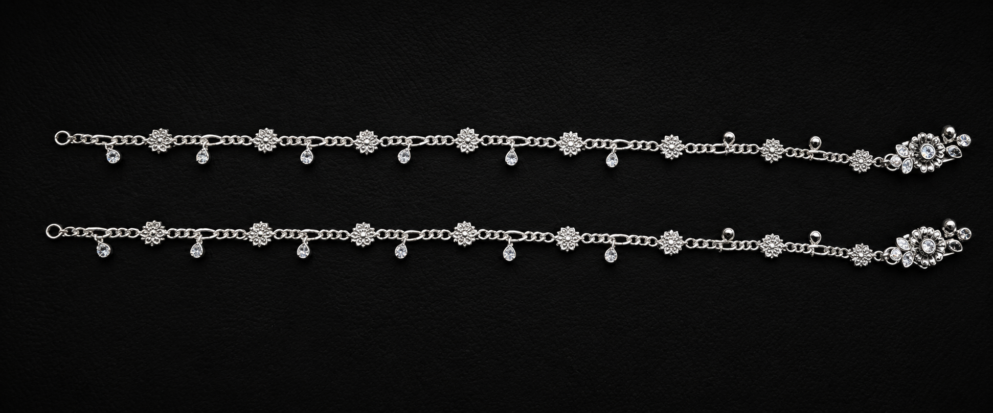 925 Sterling Silver Floral CZ Charm Anklet for Women - detail of the filigree wirework