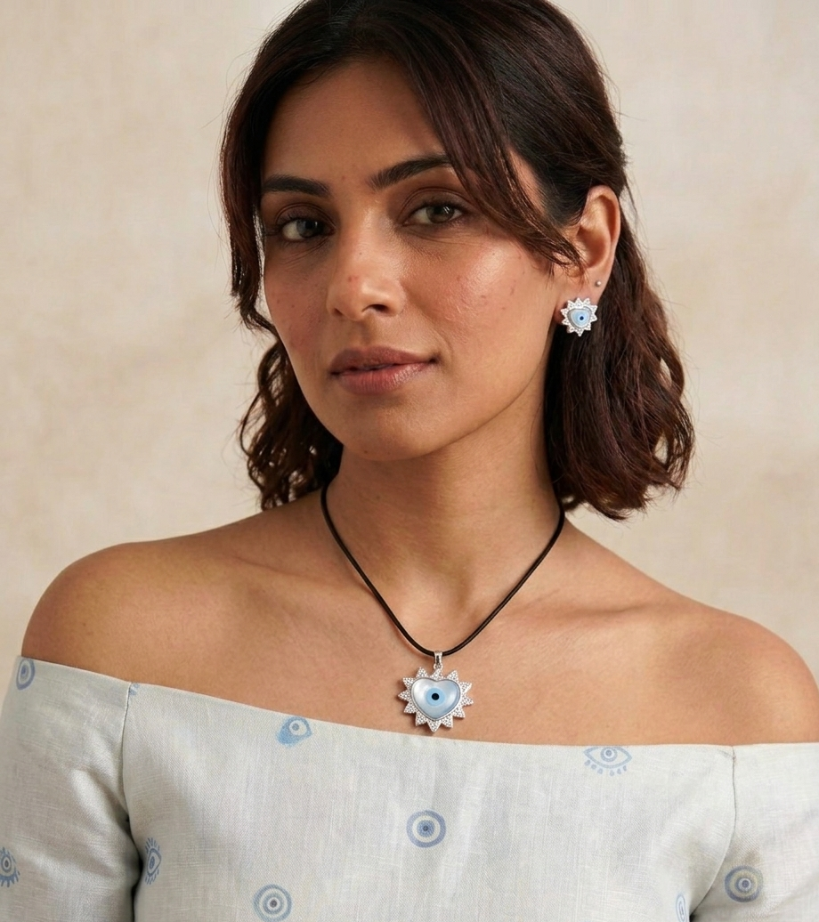 "Celestial Heart" Mother of Pearl Evil Eye Sterling Silver Jewelry Set