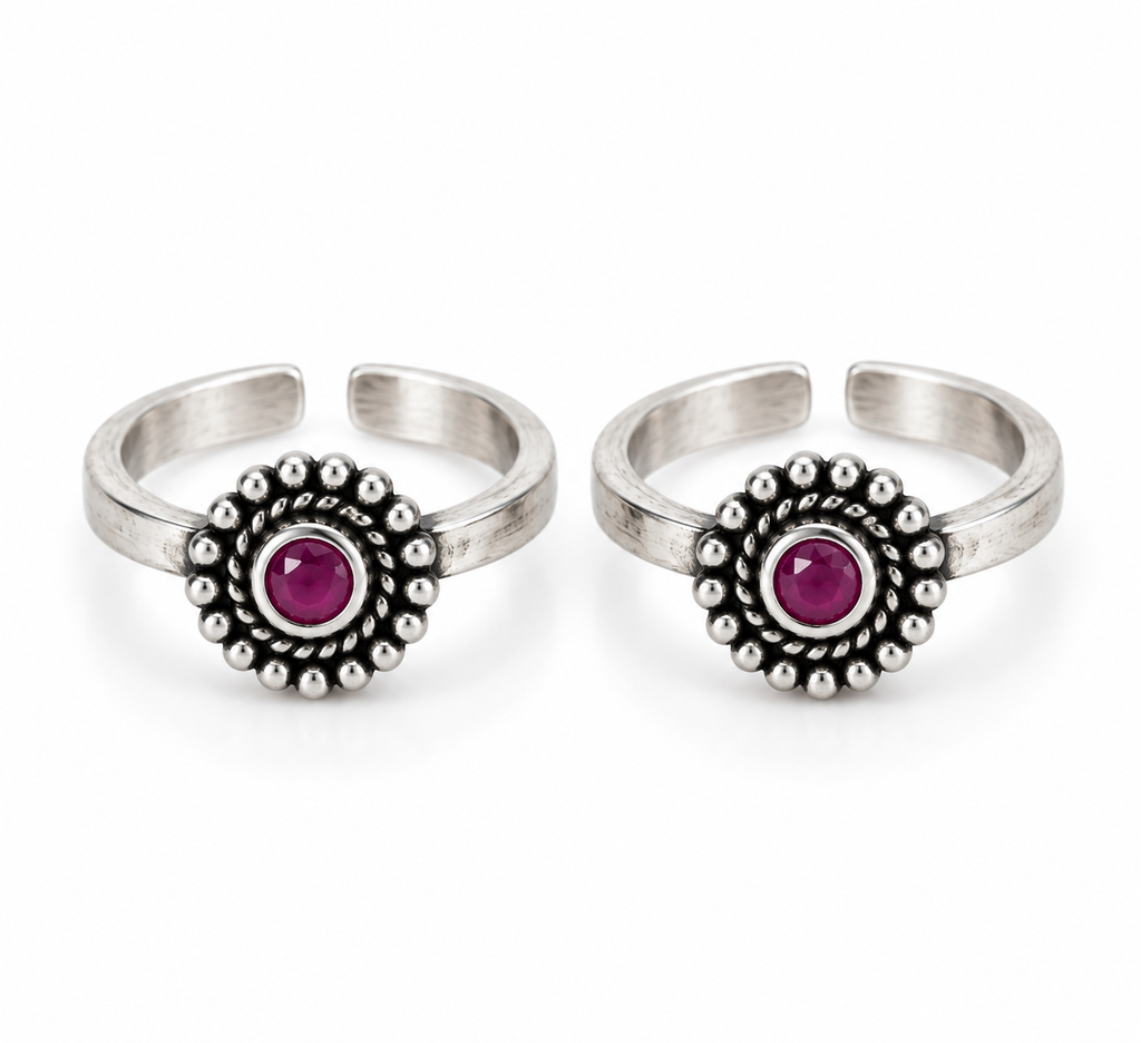 Oxidized Silver Ruby Floral Toe Ring
