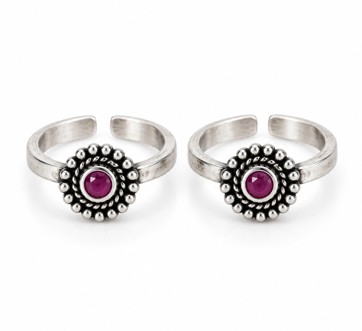 Oxidized Silver Ruby Floral Toe Ring