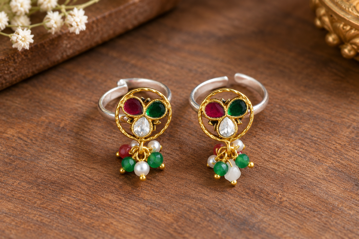 Tricolor Gemstone Beaded Silver Toe Ring