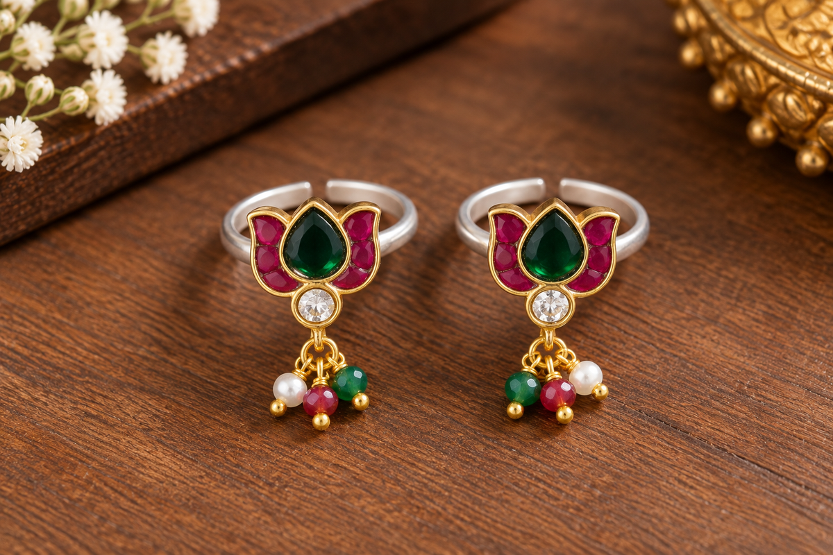 Lotus Drop Multicolor Silver Toe Ring