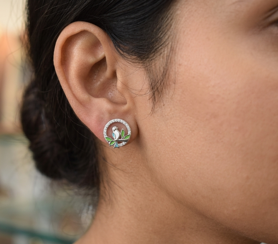 925 Sterling Silver & Enamel Bird Stud Earrings