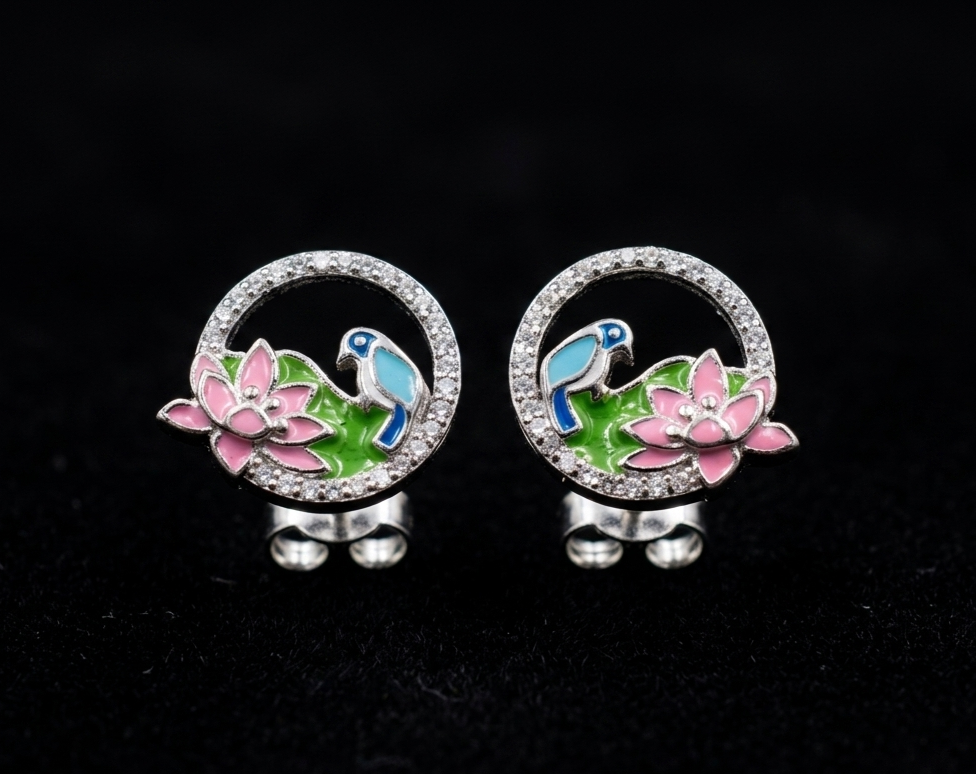 Enchanted Lotus & Songbird Enamel Stud Earrings