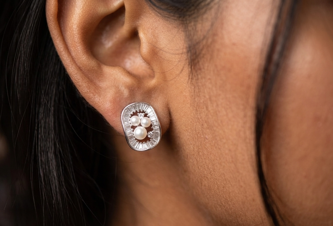 Elegant Oval Pearl & Baguette Crystal Stud Earrings