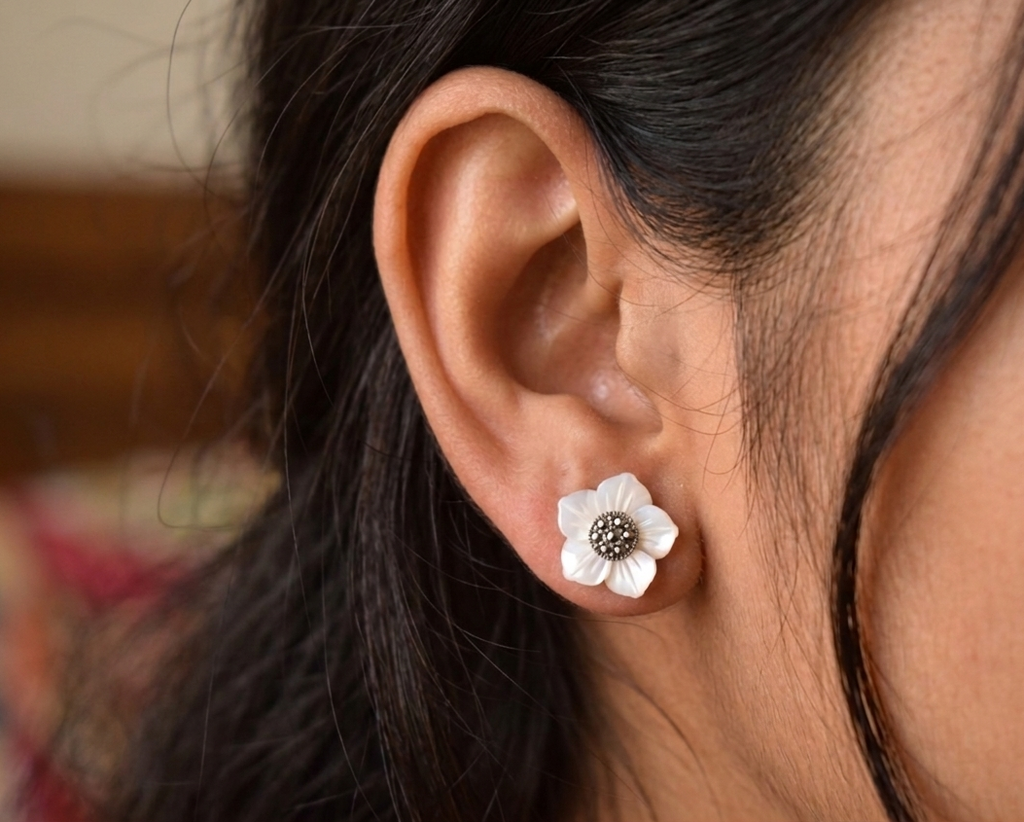 White Mother of Pearl & Marcasite Floral Studs