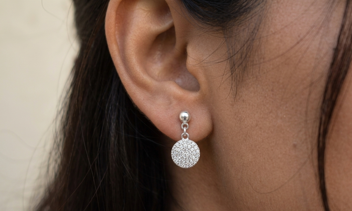 Petite Pave Disc 925 Sterling Silver Earrings